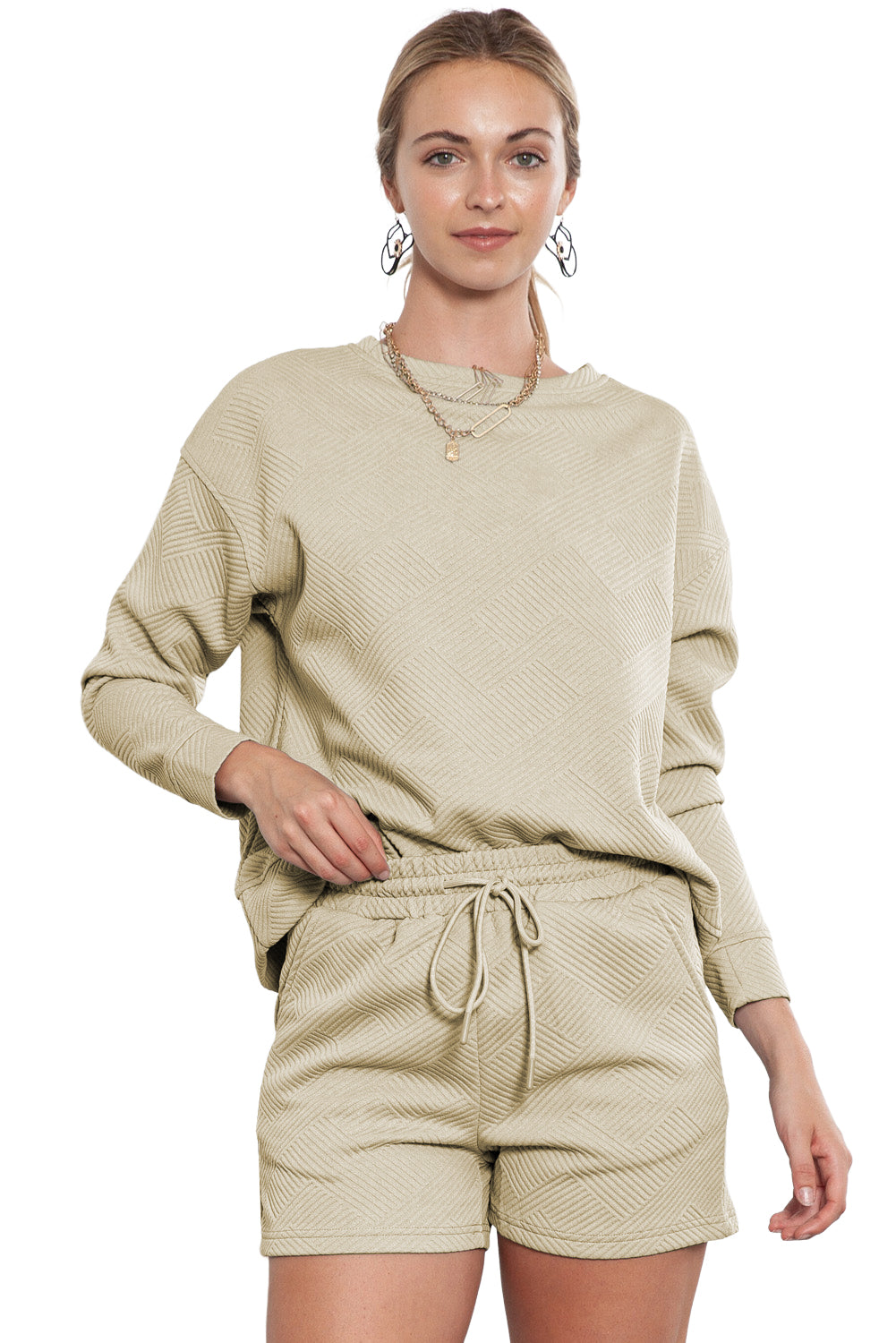 Textured Long Sleeve Top & Drawstring Shorts Set