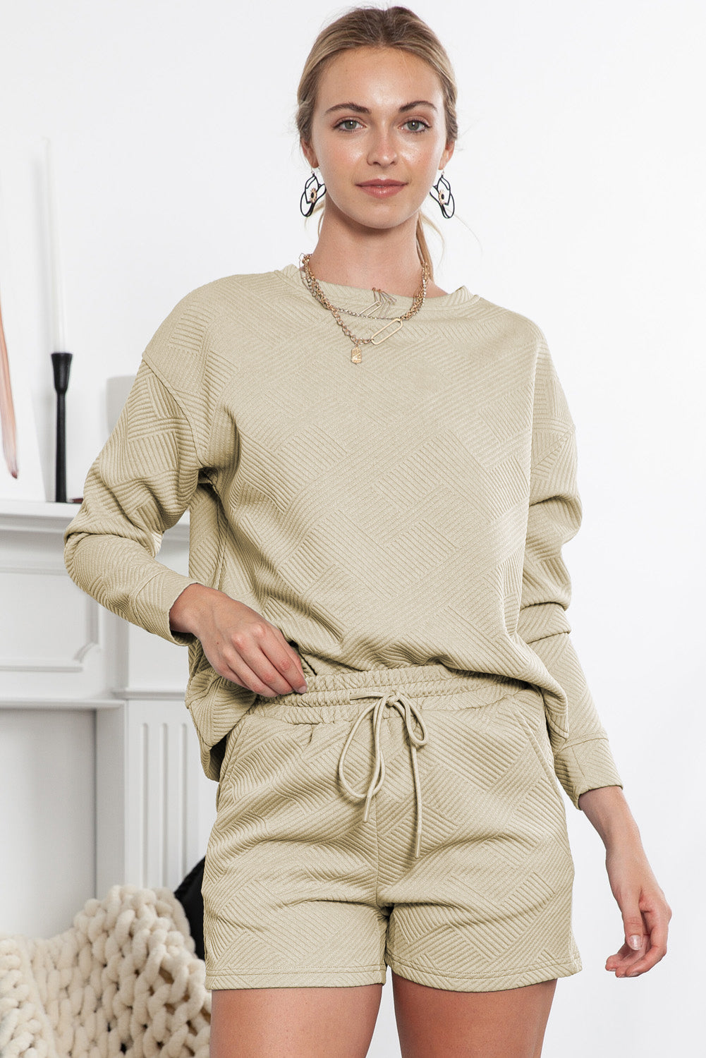 Textured Long Sleeve Top & Drawstring Shorts Set