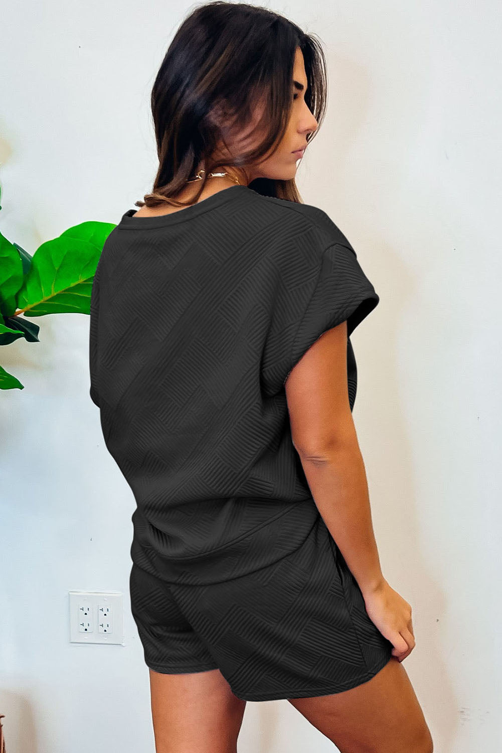Two Piece Solid Textured Drawstring Shorts Set