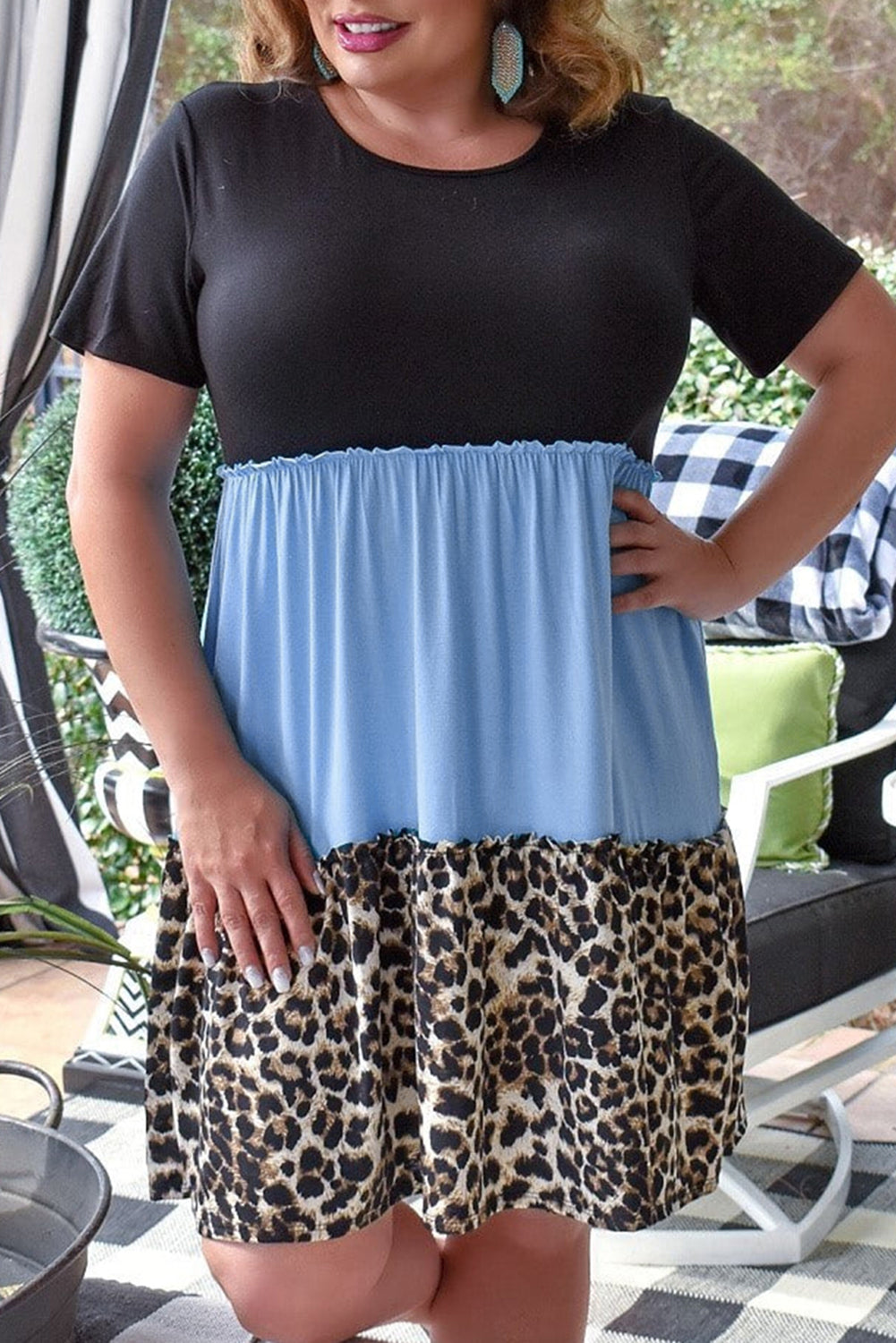Color Block Leopard Patchwork Plus Size Shirt Dress
