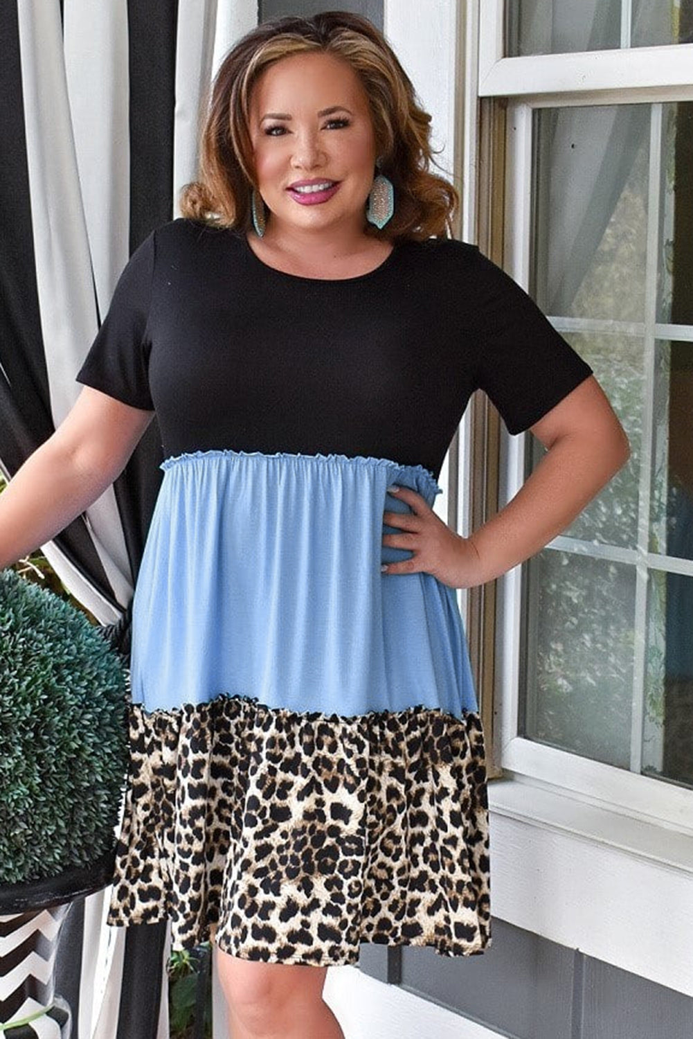 Color Block Leopard Patchwork Plus Size Shirt Dress