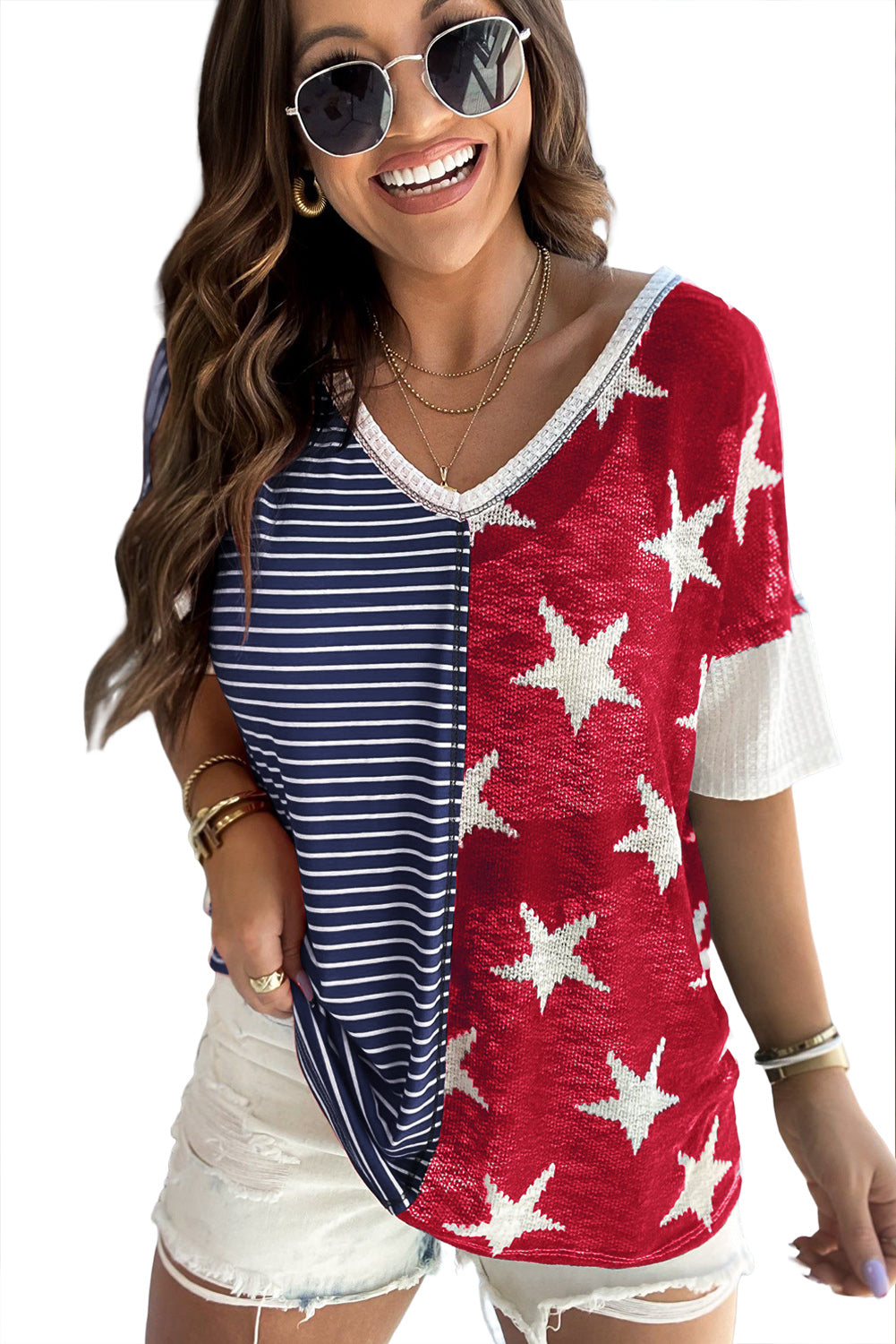 Stars & Stripes Print Knit V Neck Short Sleeve Top