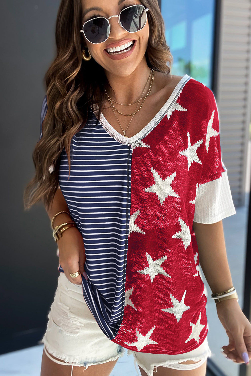 Stars & Stripes Print Knit V Neck Short Sleeve Top