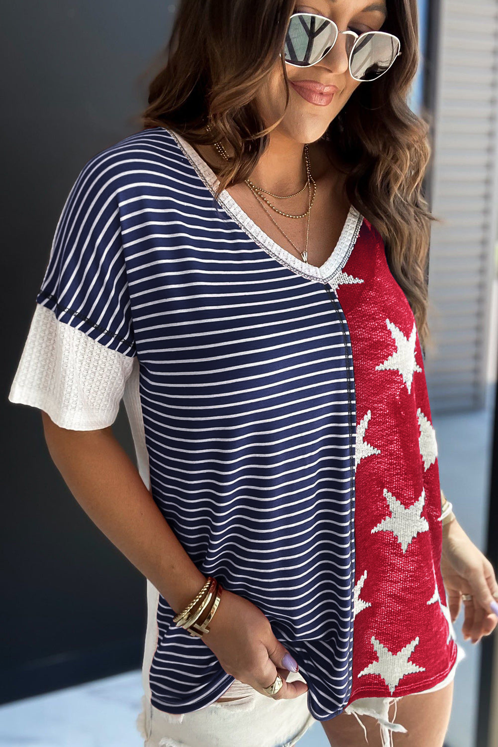 Stars & Stripes Print Knit V Neck Short Sleeve Top