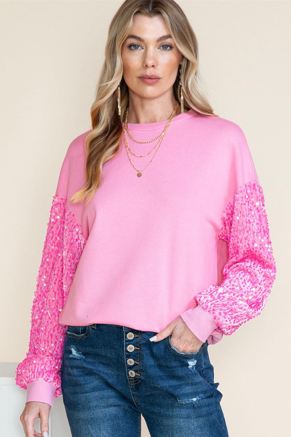 Pink Sequin Sleeve Sweatshirt