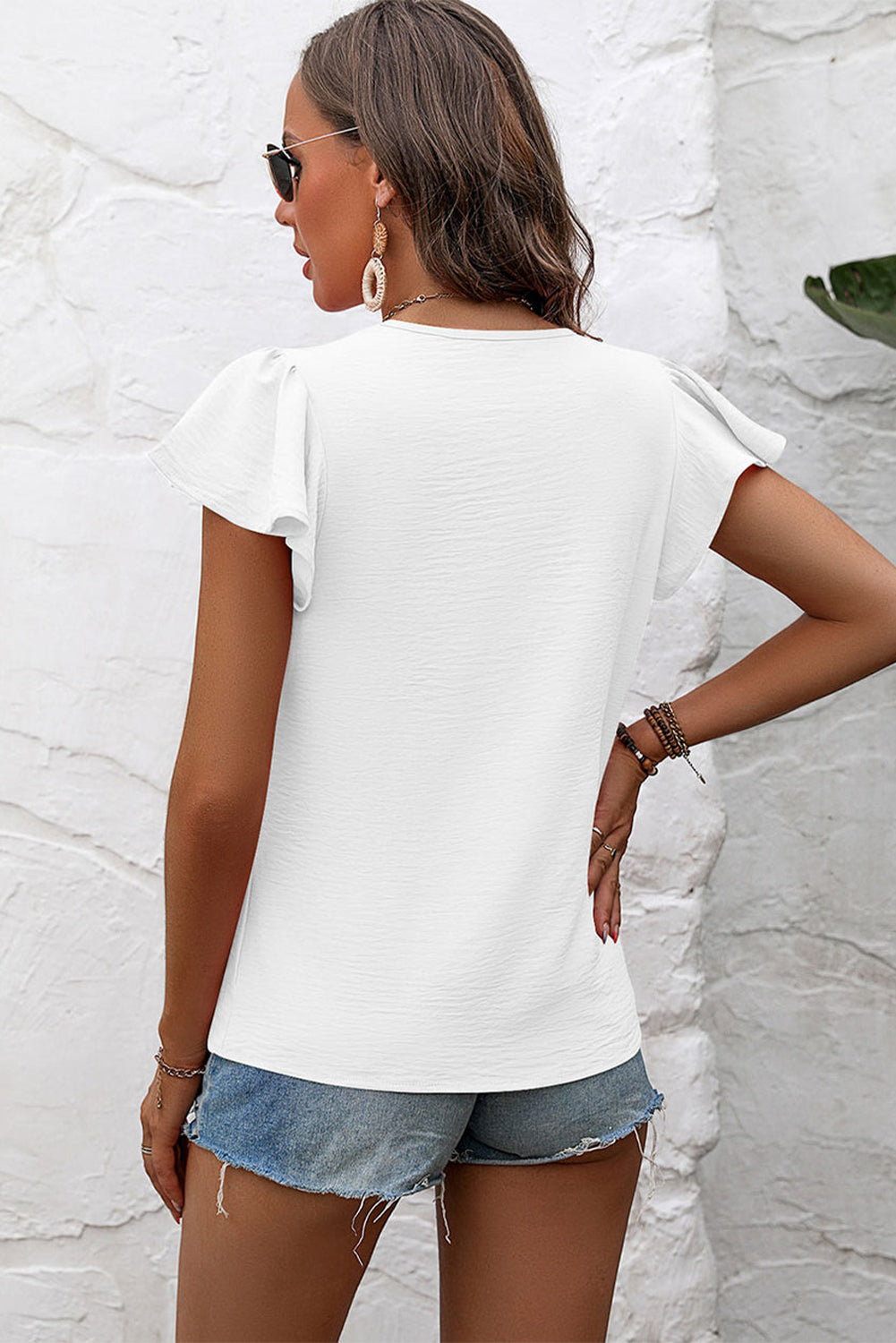 Plain Textured Pleated Flutter Sleeve Blouse