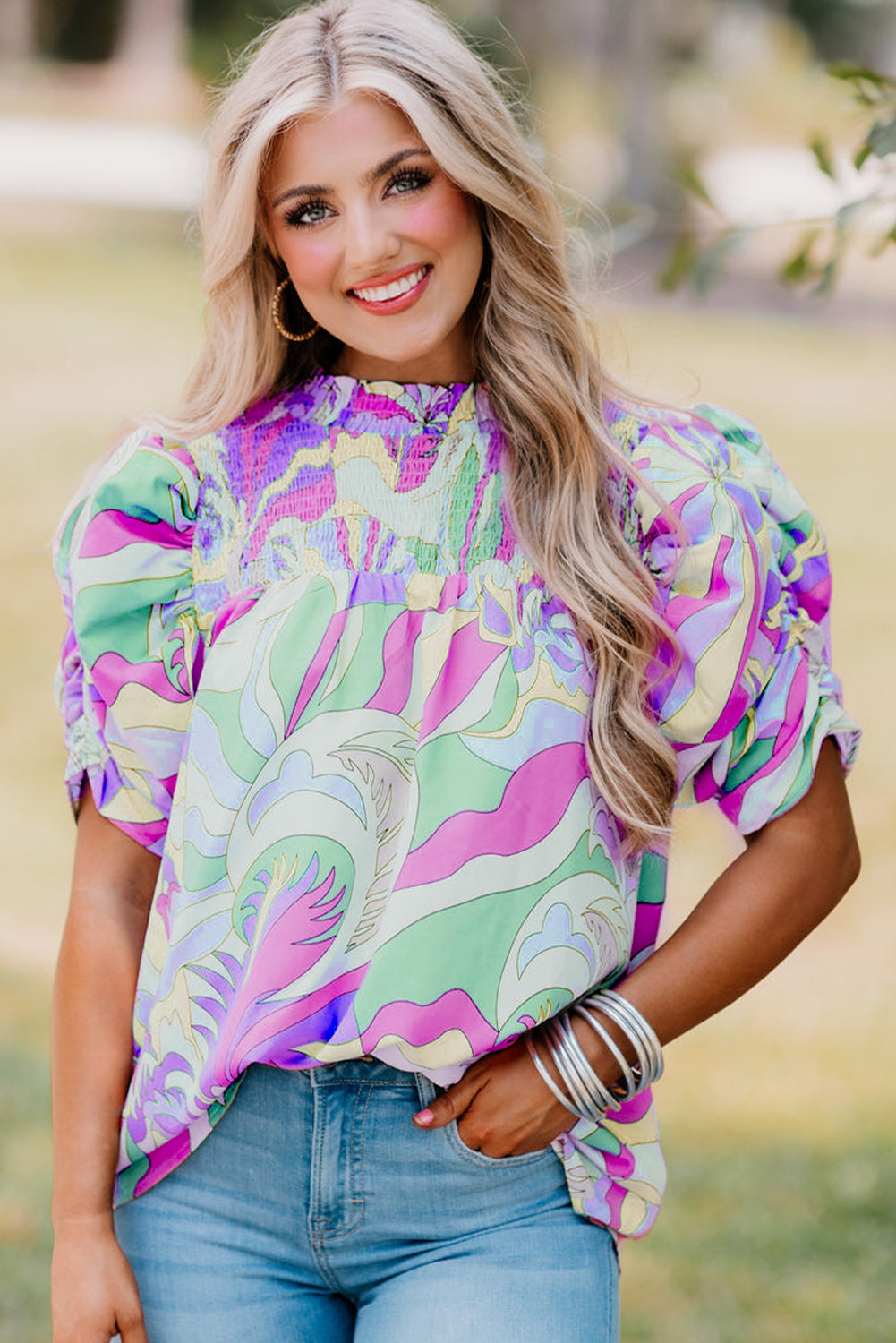 Abstract Print Bubble Sleeve Blouse