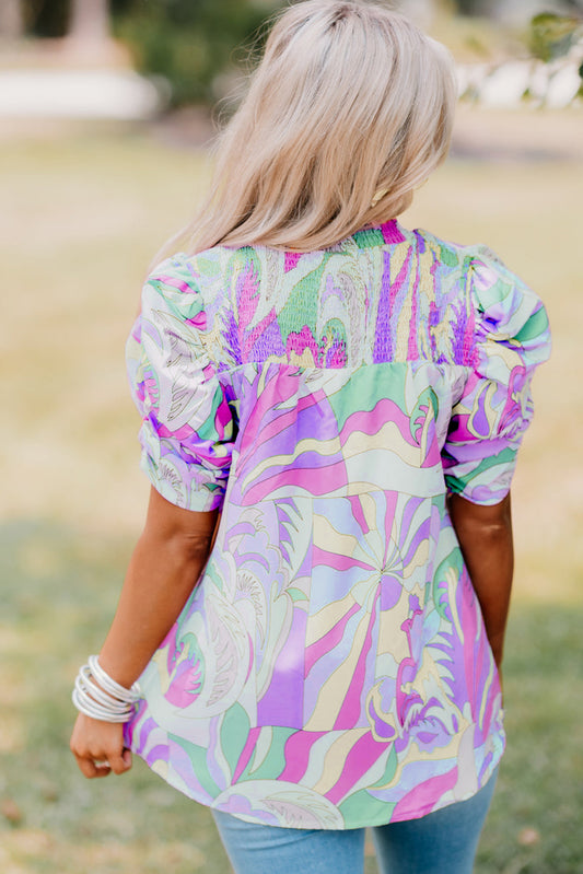Abstract Print Bubble Sleeve Blouse