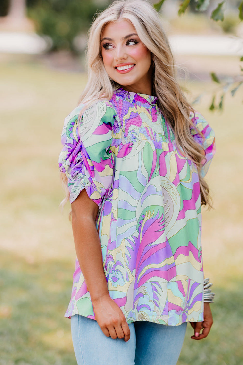 Abstract Print Bubble Sleeve Blouse