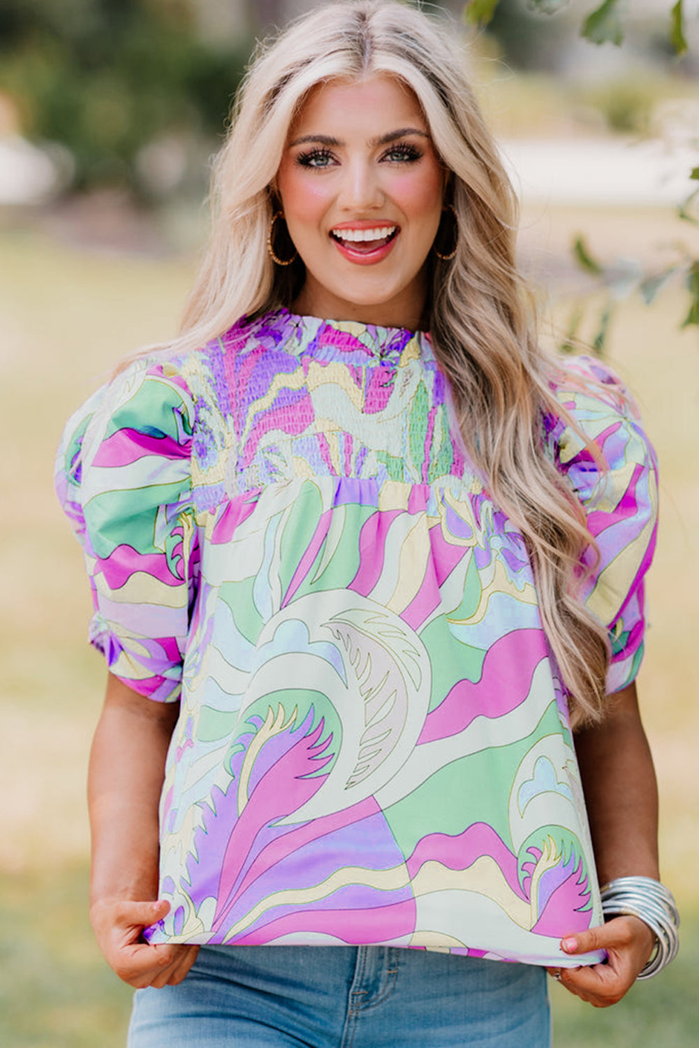 Abstract Print Bubble Sleeve Blouse