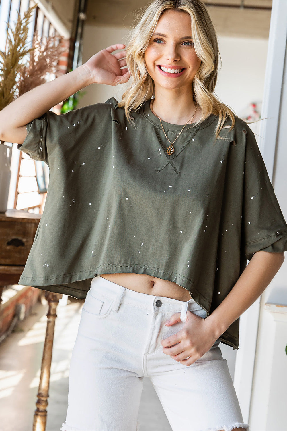 Half Sleeve Distressed Asymmetrical Top