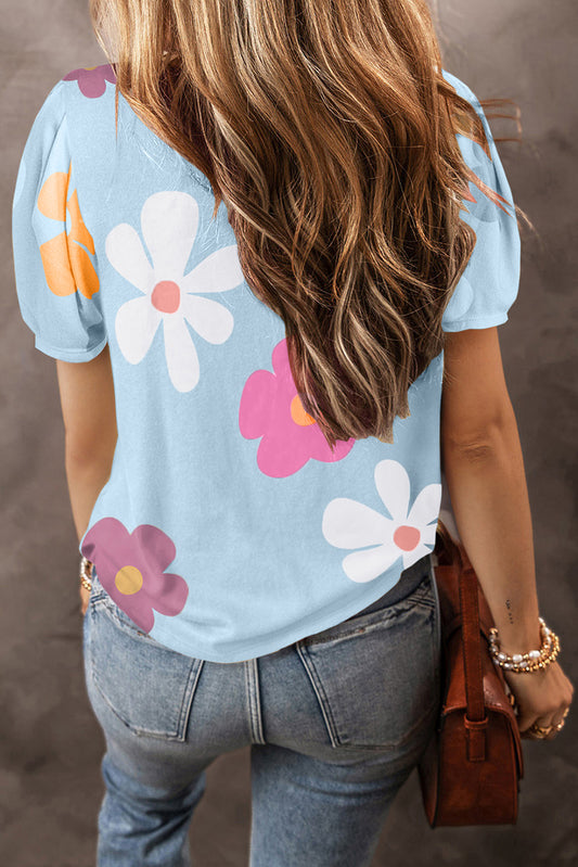Flower Print Bubble Sleeve Top