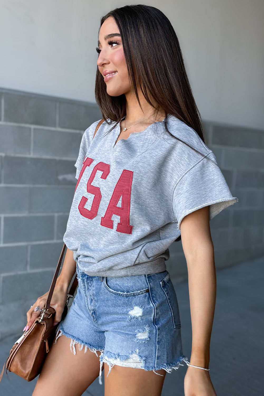 USA Letter Patch Notched Neck Loose Tee