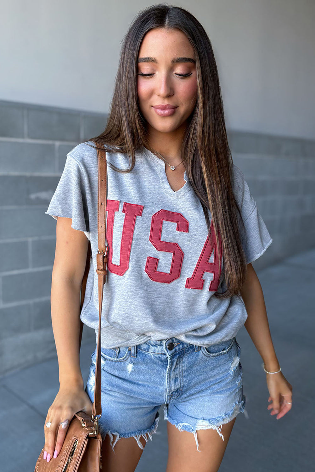 USA Letter Patch Notched Neck Loose Tee