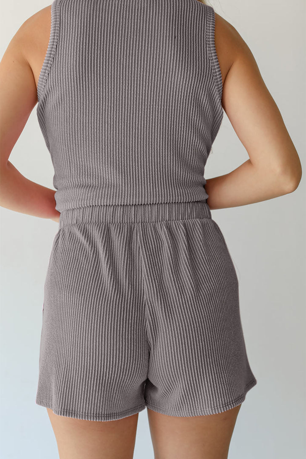 Gray Corded Sleeveless Top and Pocketed Shorts Set