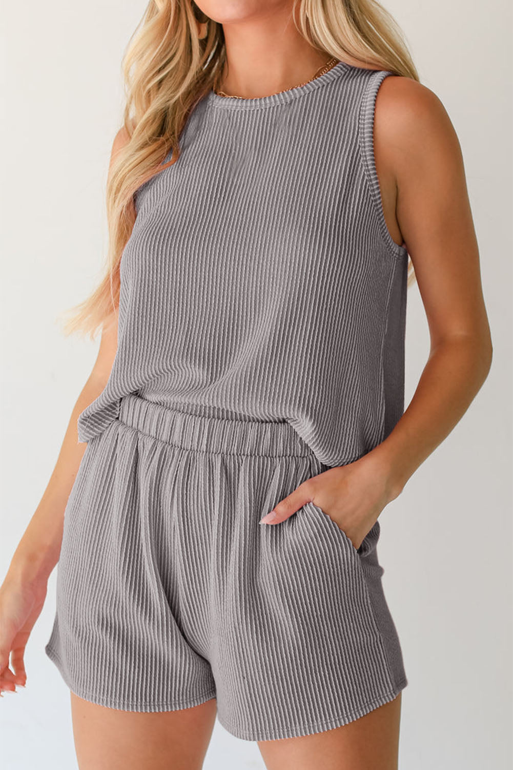 Gray Corded Sleeveless Top and Pocketed Shorts Set