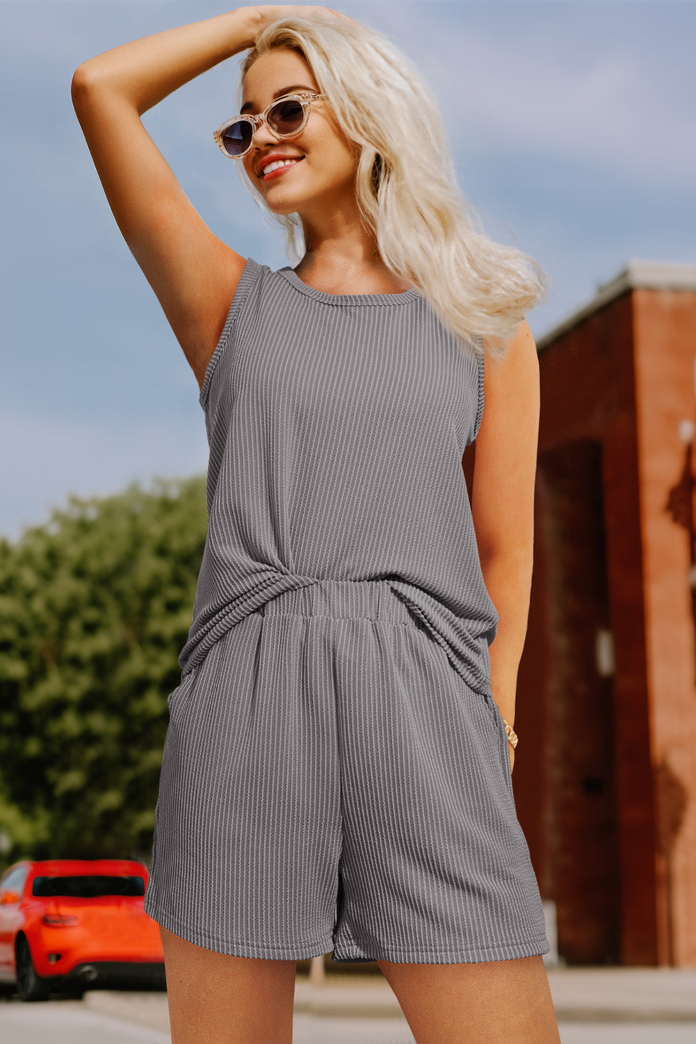 Gray Corded Sleeveless Top and Pocketed Shorts Set