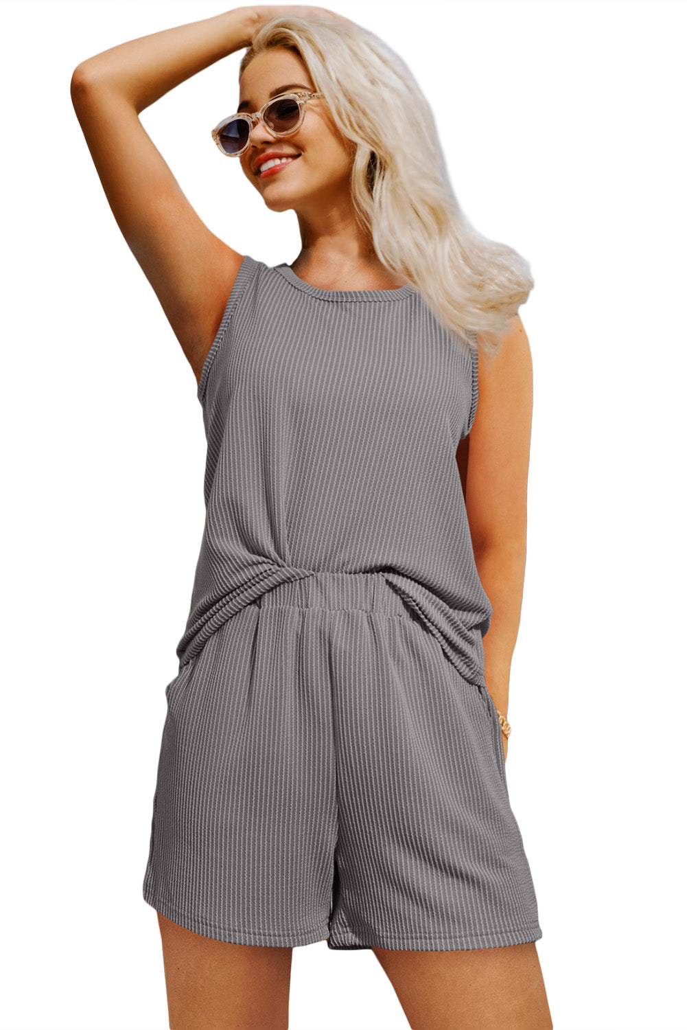 Gray Corded Sleeveless Top and Pocketed Shorts Set