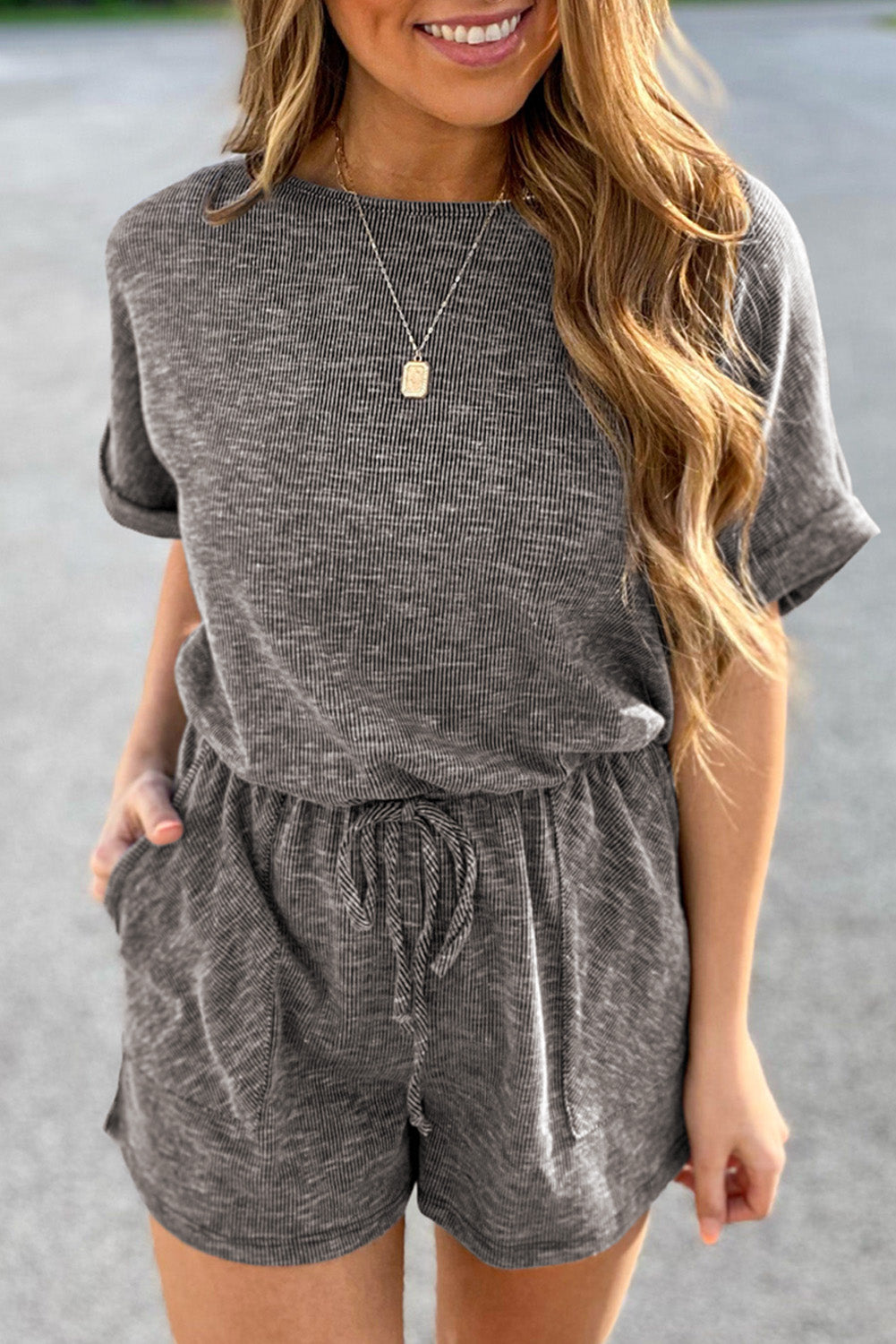 Casual Ribbed Elastic Waist Romper