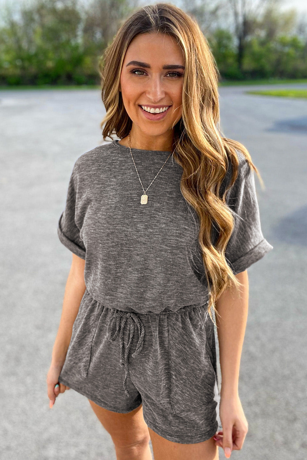 Casual Ribbed Elastic Waist Romper