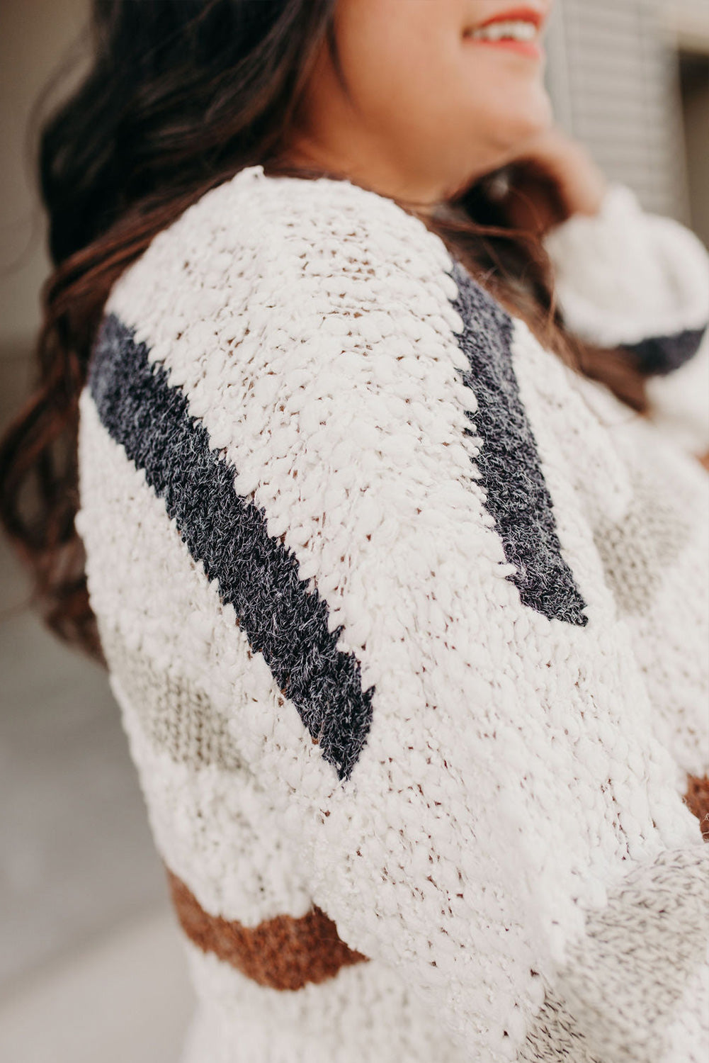 Stripe Print Popcorn Drop Shoulder Sweater