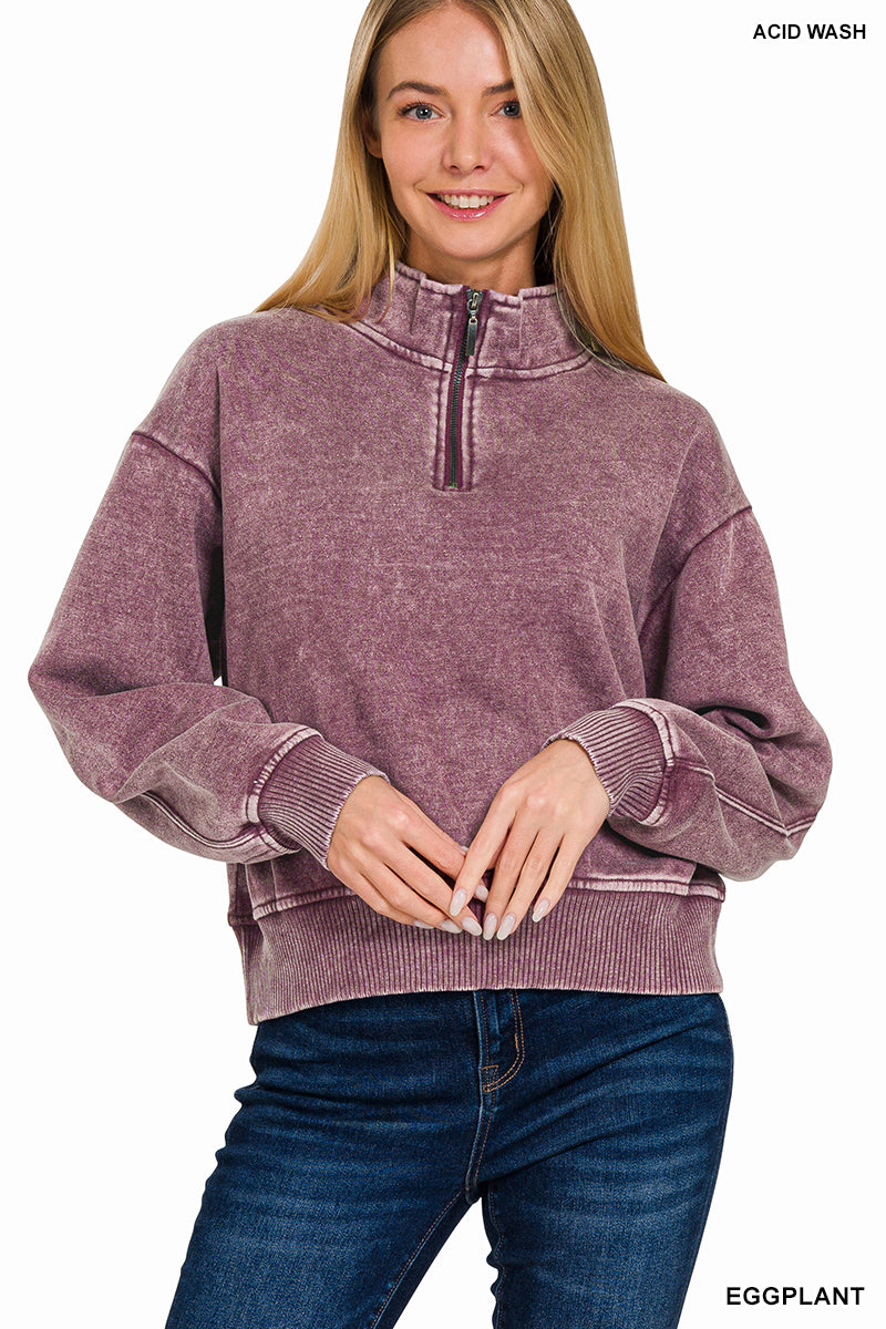 Zenana Acid Washed Fleece Half-Zip Pullover