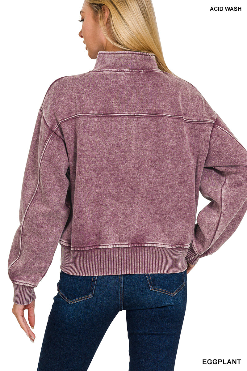 Zenana Acid Washed Fleece Half-Zip Pullover