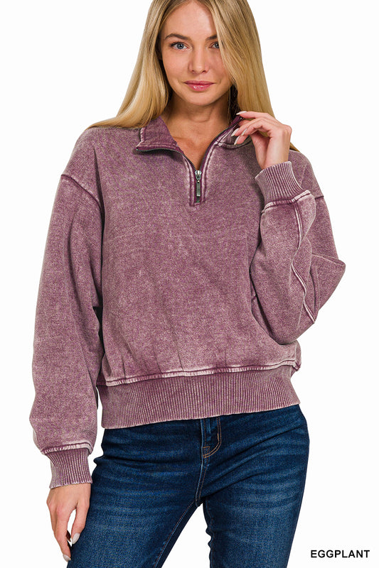 Zenana Acid Washed Fleece Half-Zip Pullover