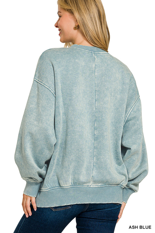 Zenana Acid Washed Oversized Fleece Pullover