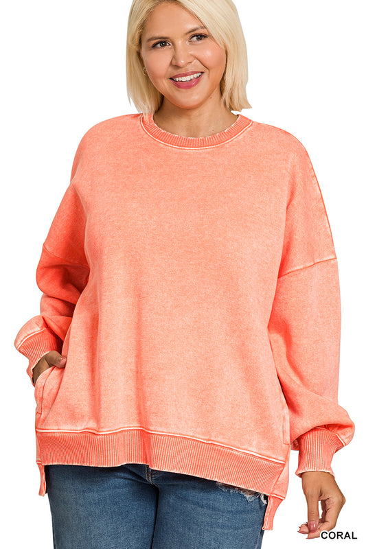 Zenana Acid Washed Plus Fleece Pullover