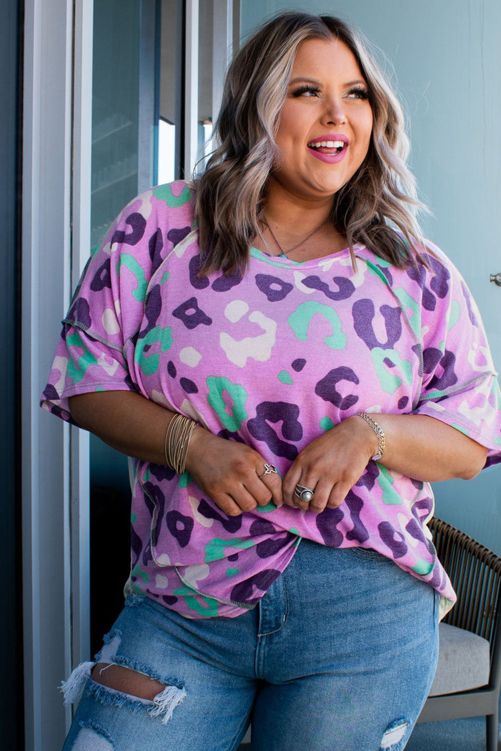 Leopard Print Plus Size Short Sleeve