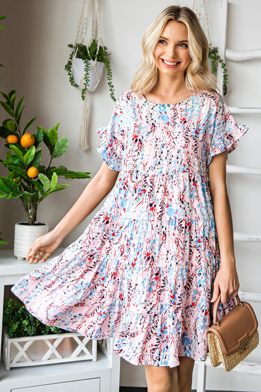 Abstract Print Ruffled Short Dress