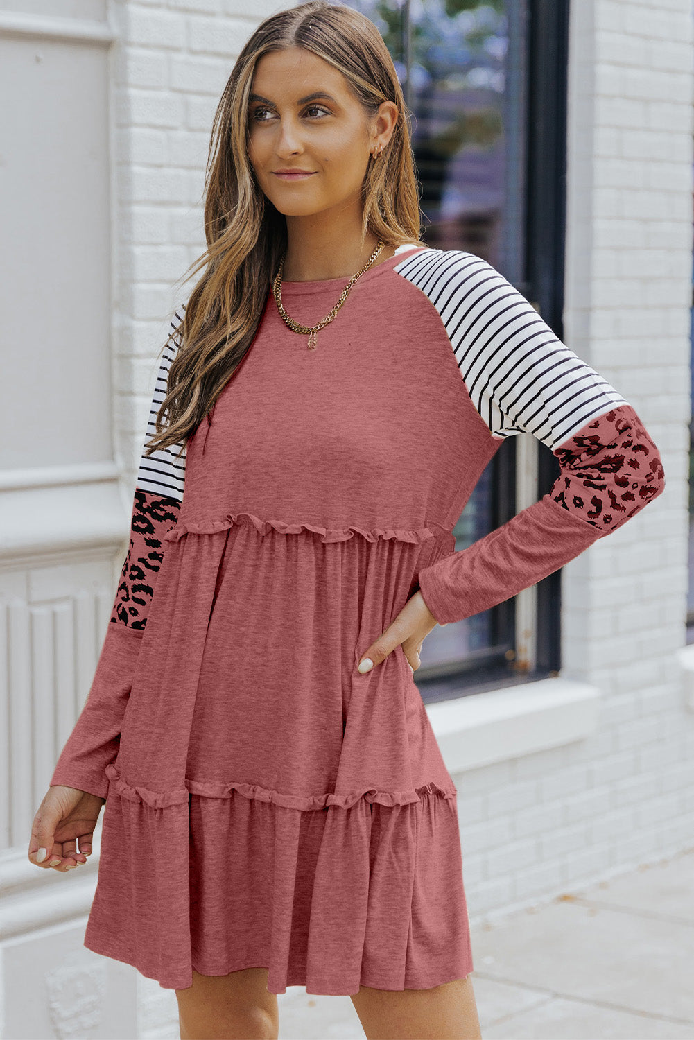 Leopard Patchwork Long Sleeve Dress