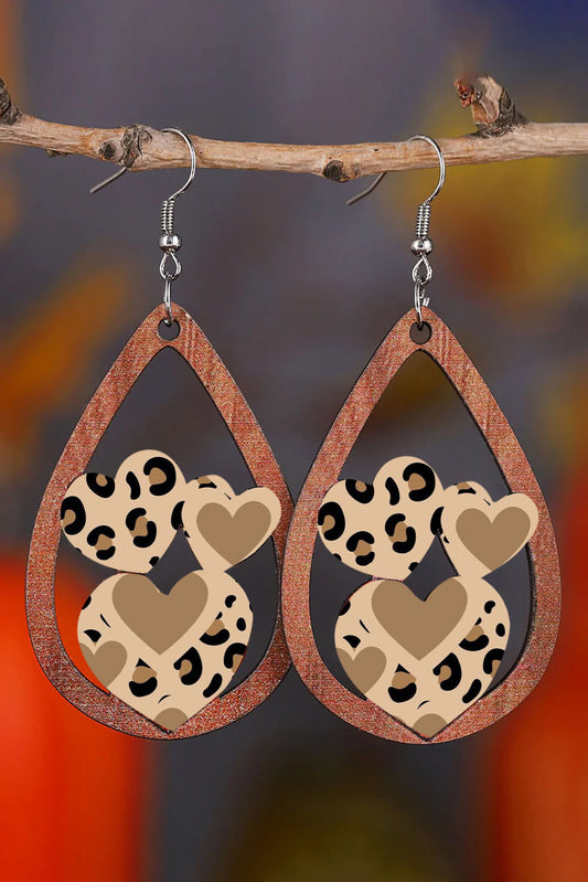 Coffee Leopard Heart Shape Hollowed Drop Earrings