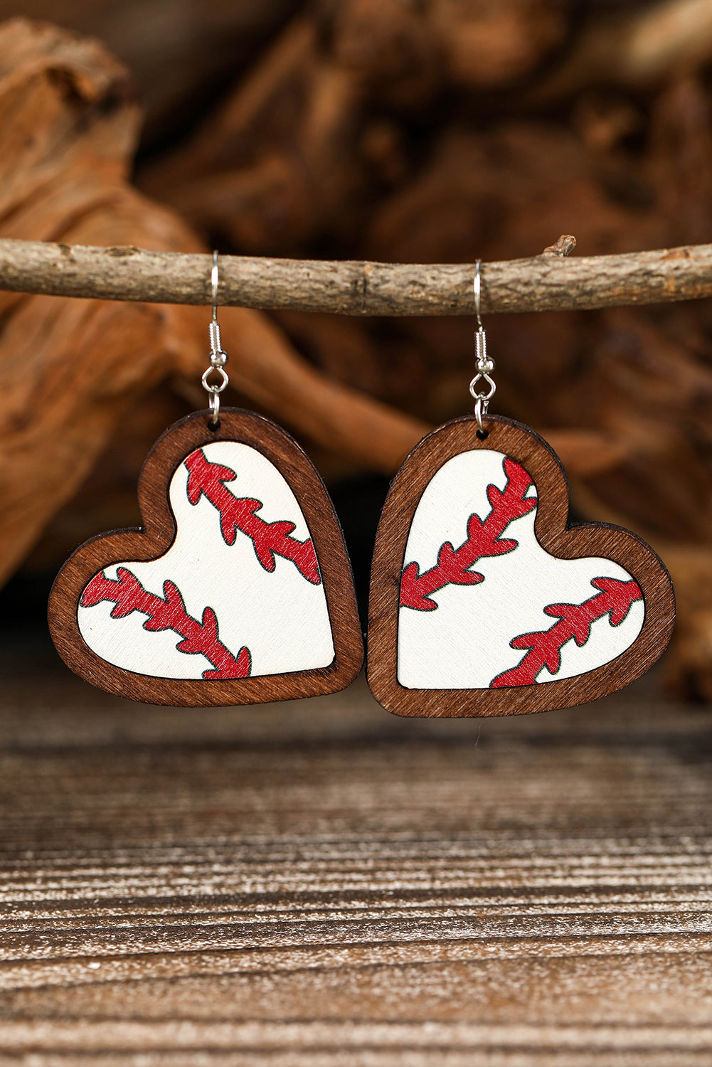 White Wood Contrast Edge Heart Shape Baseball Print Earrings