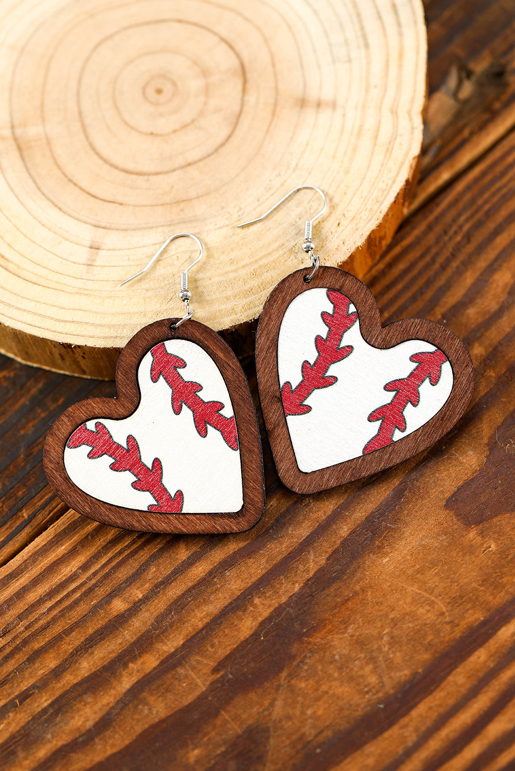 White Wood Contrast Edge Heart Shape Baseball Print Earrings