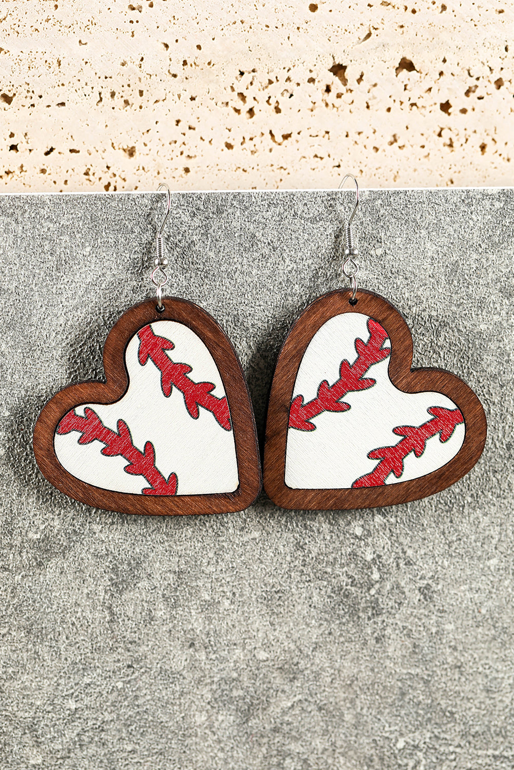 White Wood Contrast Edge Heart Shape Baseball Print Earrings