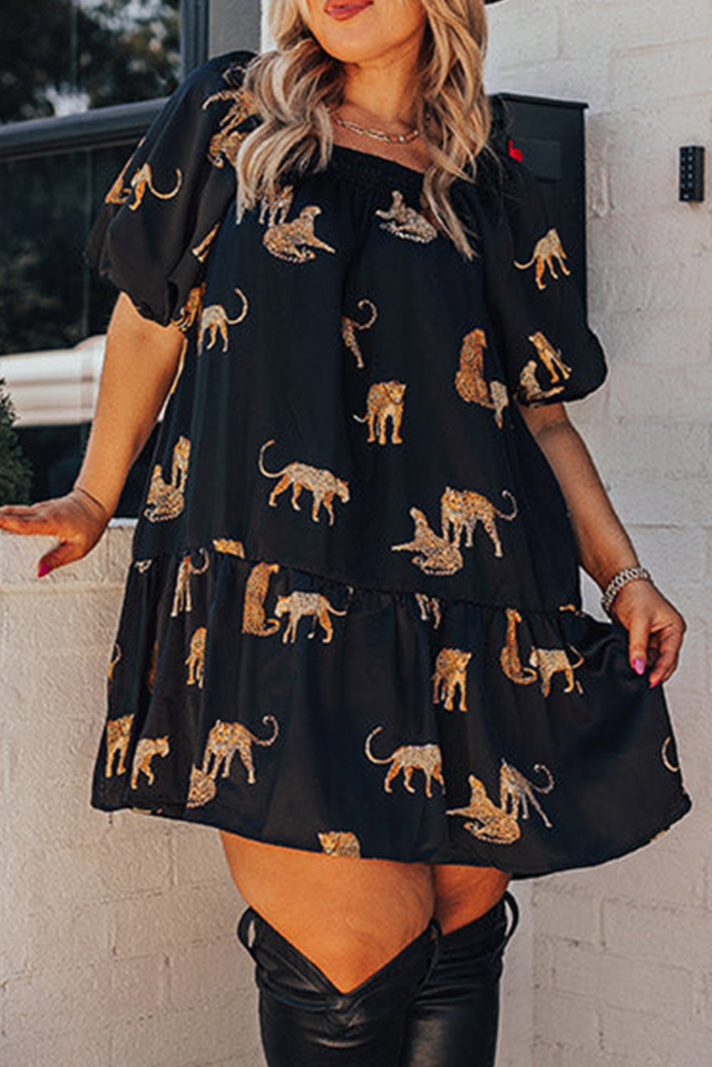 Cheetah Print Puff Sleeve Ruffle Mini Dress