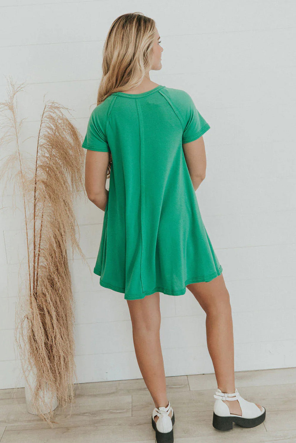 Bright Green Solid Color Short Sleeve Mini Dress