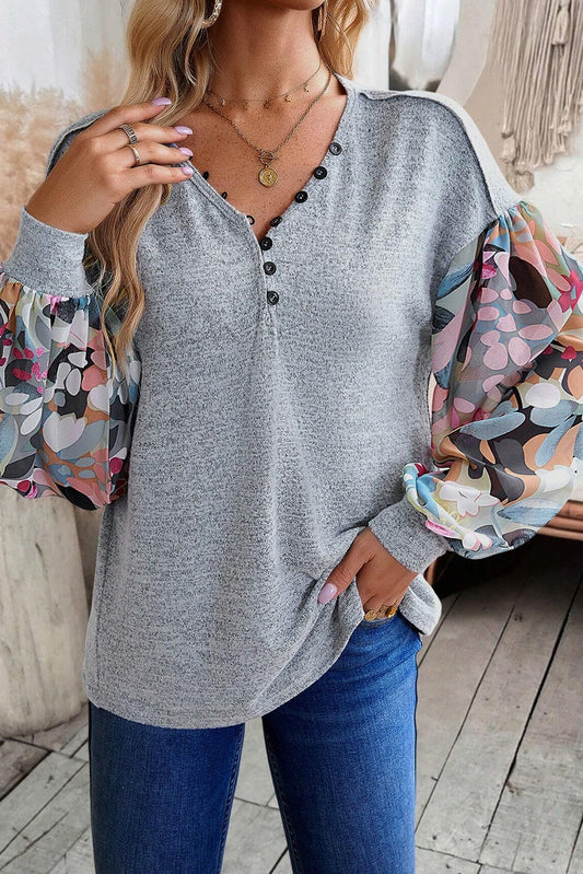 Gray Floral Splicing Lantern Sleeve Buttoned V Neck Top