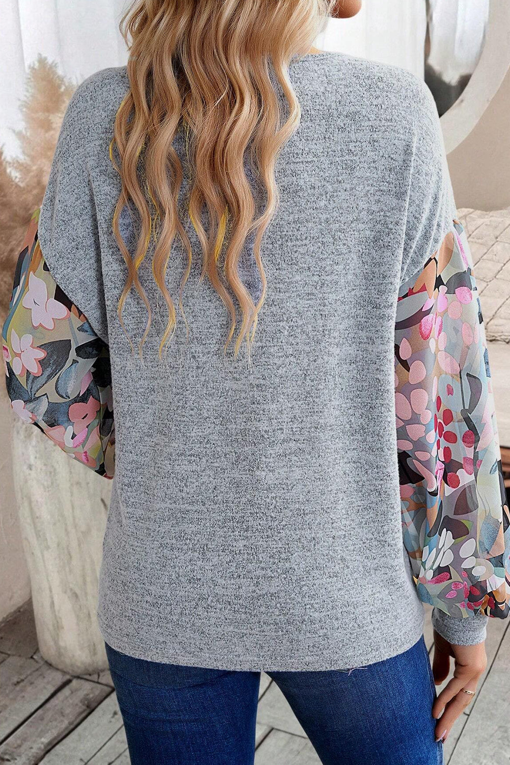 Gray Floral Splicing Lantern Sleeve Buttoned V Neck Top