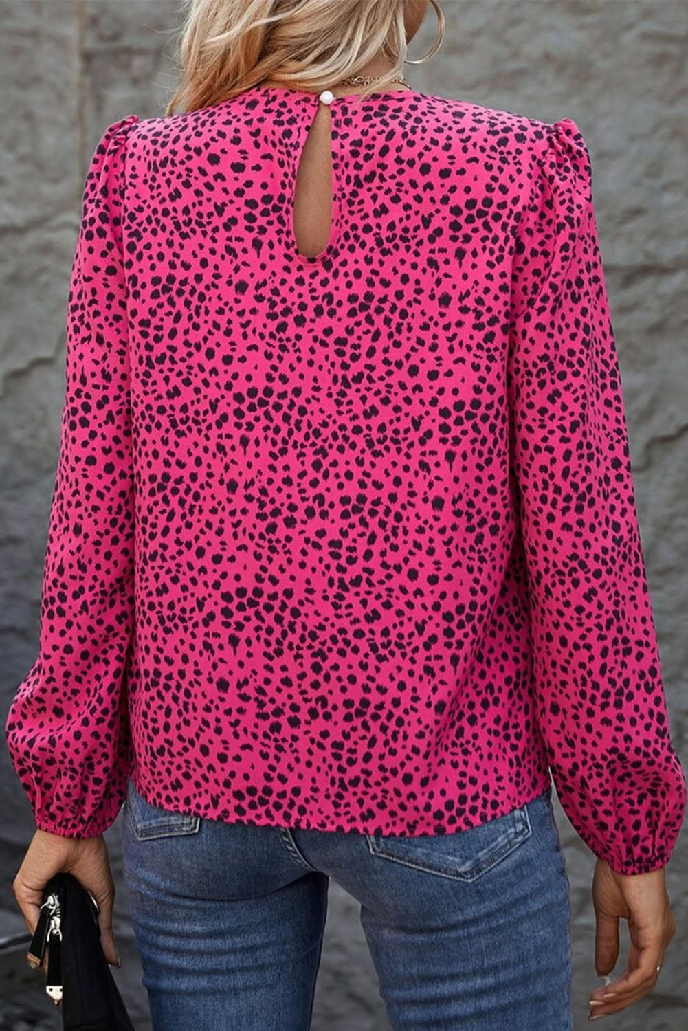 Rose Leopard Long Sleeve Pleated Blouse