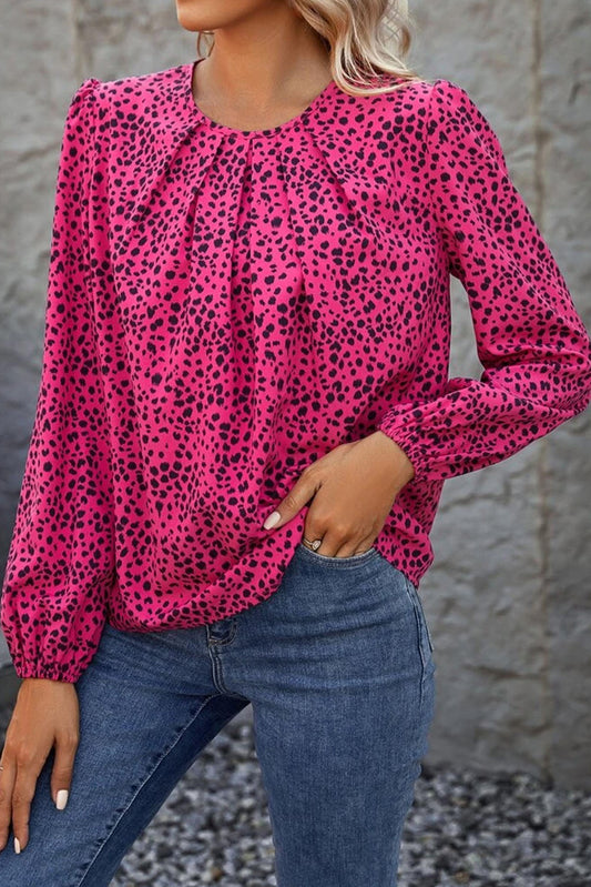 Rose Leopard Long Sleeve Pleated Blouse