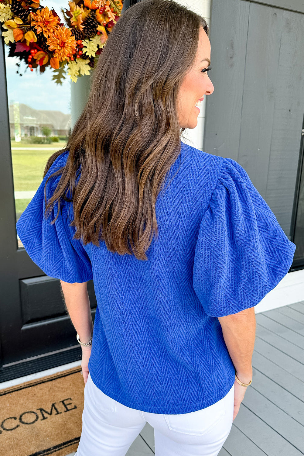 Blue Solid Textured Puff Sleeve Mock Neck Blouse