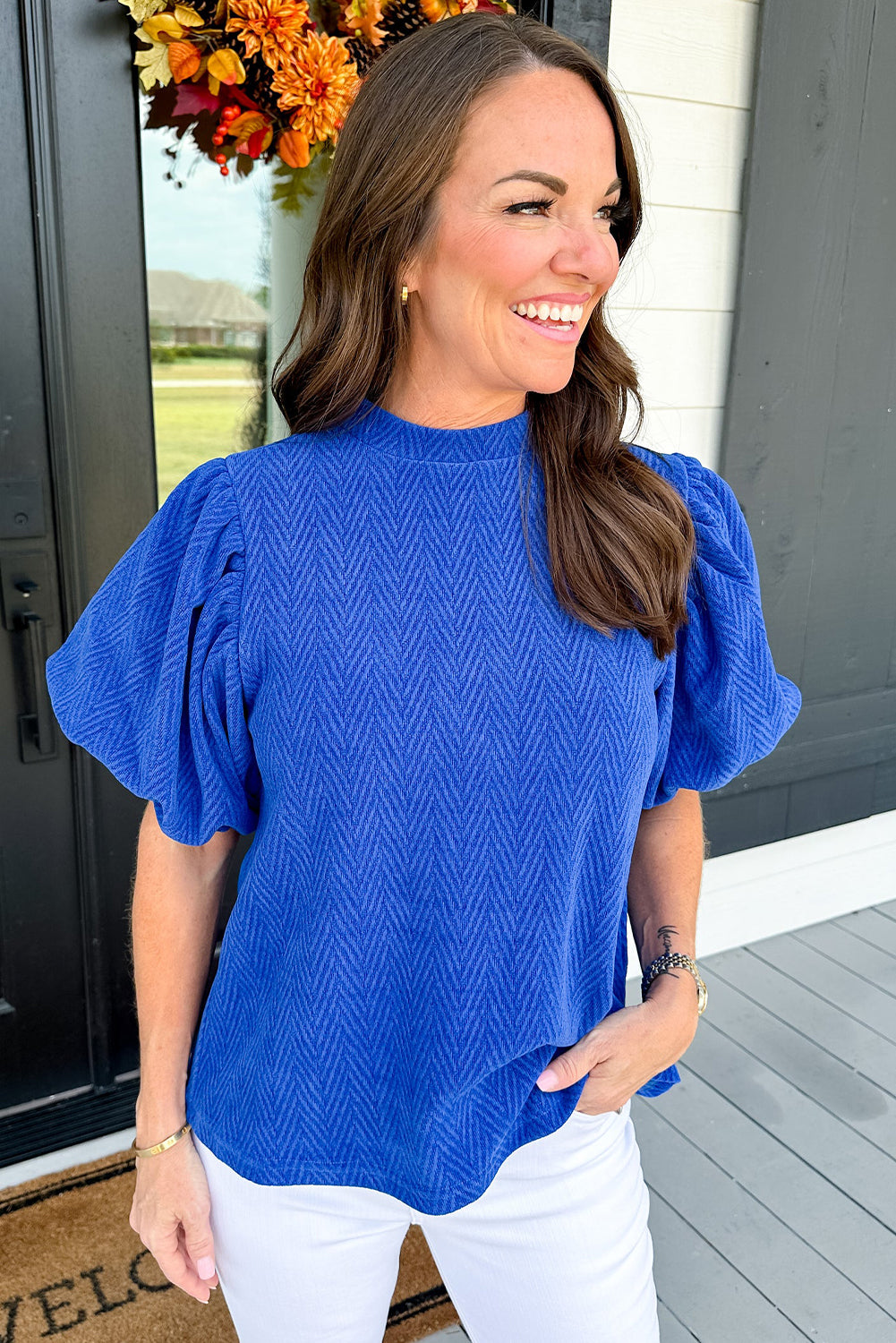 Blue Solid Textured Puff Sleeve Mock Neck Blouse
