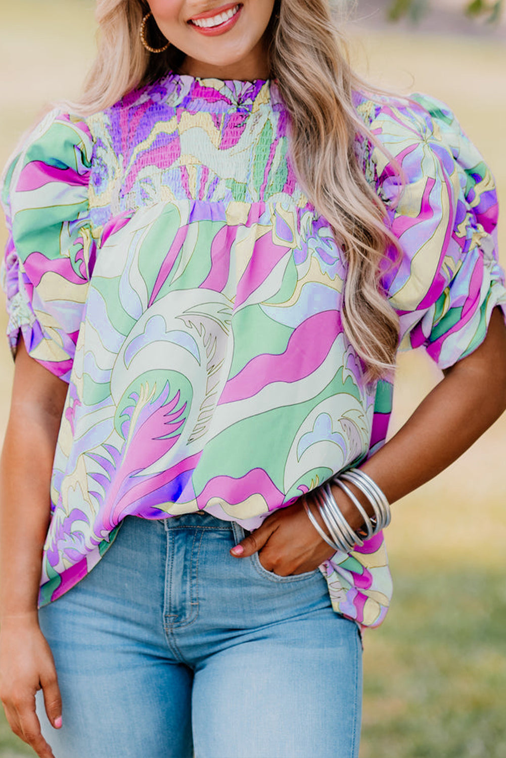 Abstract Print Smocked Bubble Sleeve Blouse