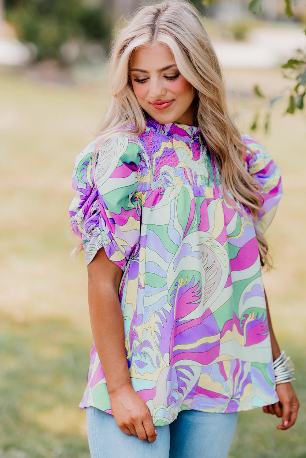 Abstract Print Smocked Bubble Sleeve Blouse