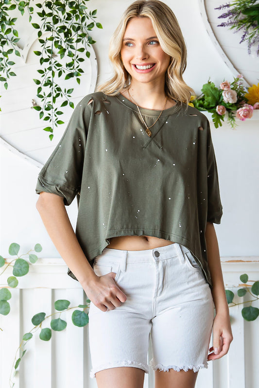 Half Sleeve Distressed Asymmetrical Top