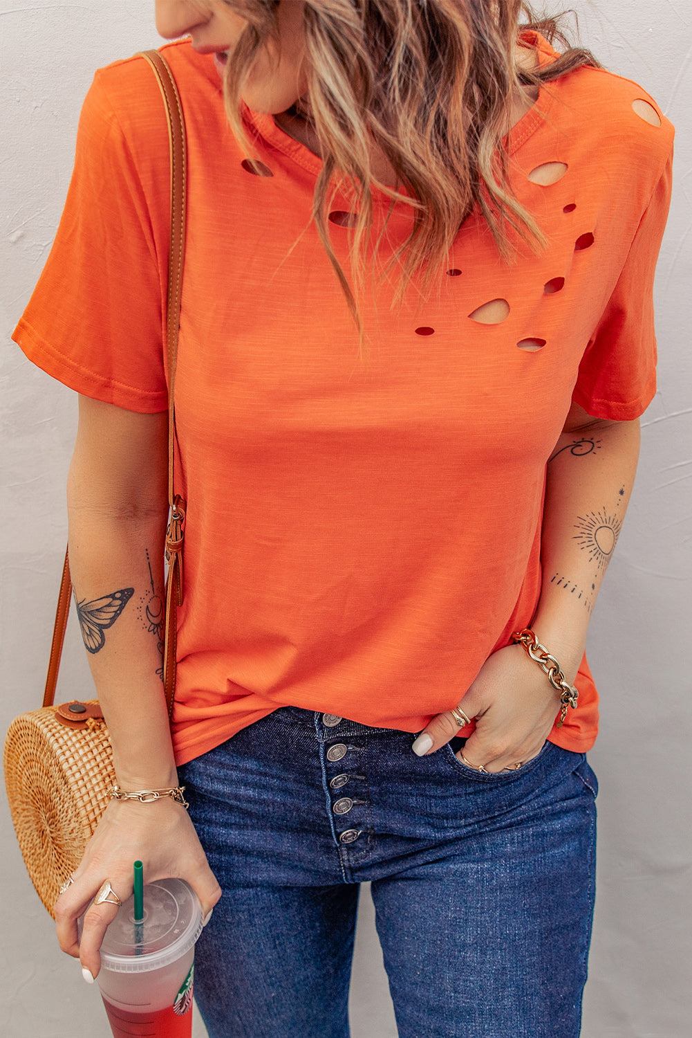 Orange Solid Color Short Sleeve Distressed T Shirt