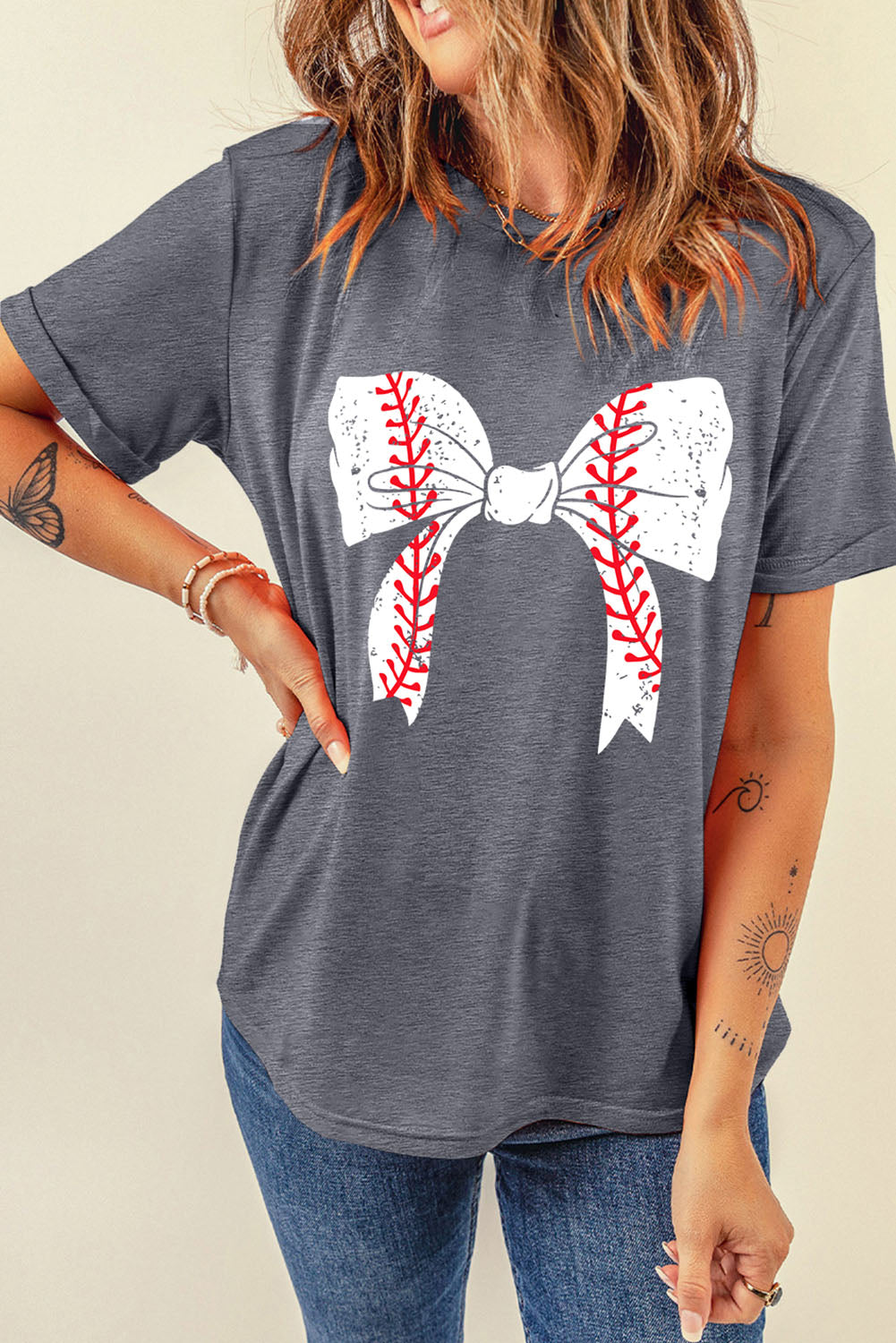 Baseball Bowknot Graphic Roll Up Sleeve Tee